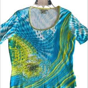Alberto Makali Beaded Blue Graphic Short Sleeve Knit Top size S